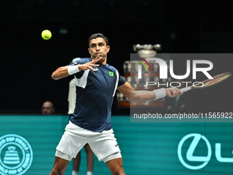 Thiago Monteiro (BRA) competes during the 2024 Davis Cup Finals Group Stage match between Italy and Brazil at Unipol Arena in Bologna, Italy...