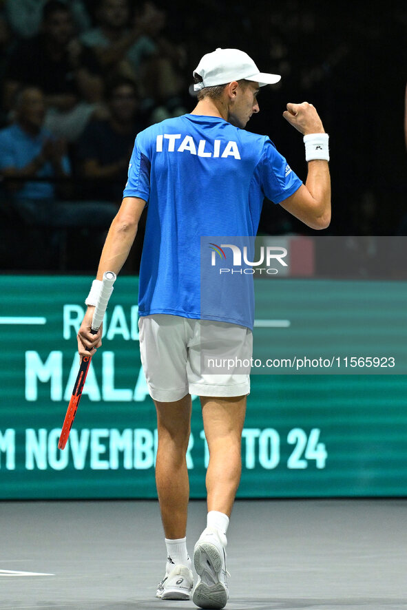 Matteo Arnaldi (ITA) competes during the 2024 Davis Cup Finals Group Stage match between Italy and Brazil at Unipol Arena in Bologna, Italy,...