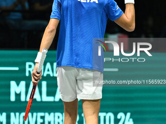 Matteo Arnaldi (ITA) competes during the 2024 Davis Cup Finals Group Stage match between Italy and Brazil at Unipol Arena in Bologna, Italy,...