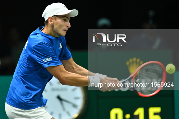 Matteo Arnaldi (ITA) competes during the 2024 Davis Cup Finals Group Stage match between Italy and Brazil at Unipol Arena in Bologna, Italy,...