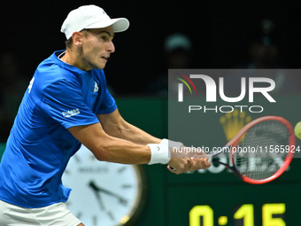 Matteo Arnaldi (ITA) competes during the 2024 Davis Cup Finals Group Stage match between Italy and Brazil at Unipol Arena in Bologna, Italy,...