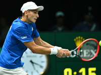 Matteo Arnaldi (ITA) competes during the 2024 Davis Cup Finals Group Stage match between Italy and Brazil at Unipol Arena in Bologna, Italy,...