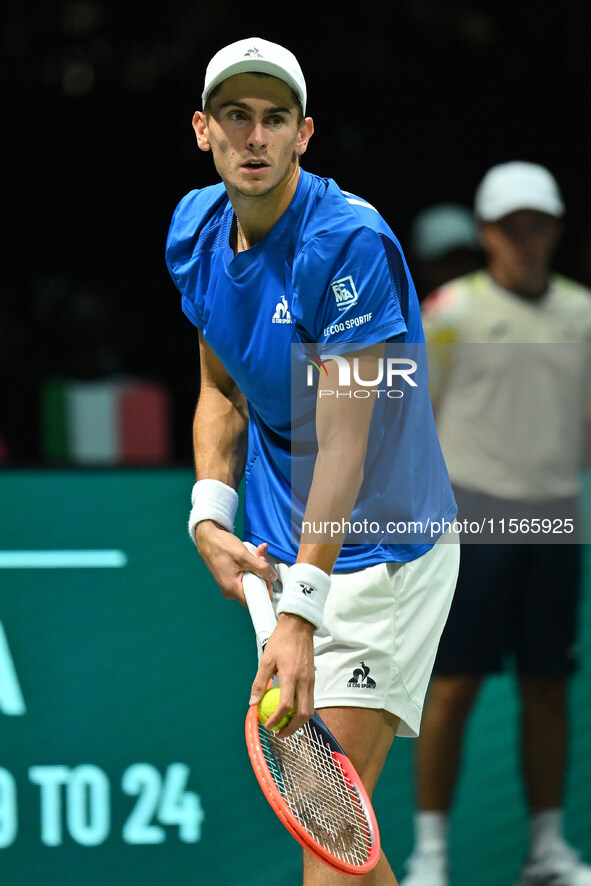 Matteo Arnaldi (ITA) competes during the 2024 Davis Cup Finals Group Stage match between Italy and Brazil at Unipol Arena in Bologna, Italy,...