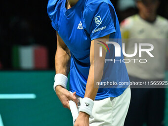 Matteo Arnaldi (ITA) competes during the 2024 Davis Cup Finals Group Stage match between Italy and Brazil at Unipol Arena in Bologna, Italy,...