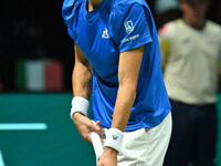 Matteo Arnaldi (ITA) competes during the 2024 Davis Cup Finals Group Stage match between Italy and Brazil at Unipol Arena in Bologna, Italy,...