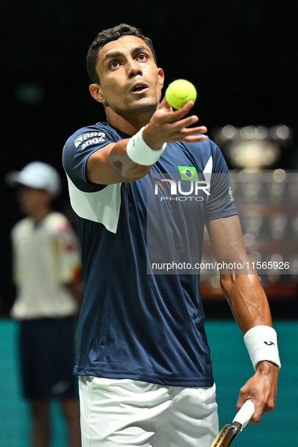 Thiago Monteiro (BRA) competes during the 2024 Davis Cup Finals Group Stage match between Italy and Brazil at Unipol Arena in Bologna, Italy...