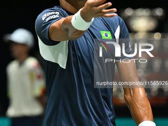 Thiago Monteiro (BRA) competes during the 2024 Davis Cup Finals Group Stage match between Italy and Brazil at Unipol Arena in Bologna, Italy...