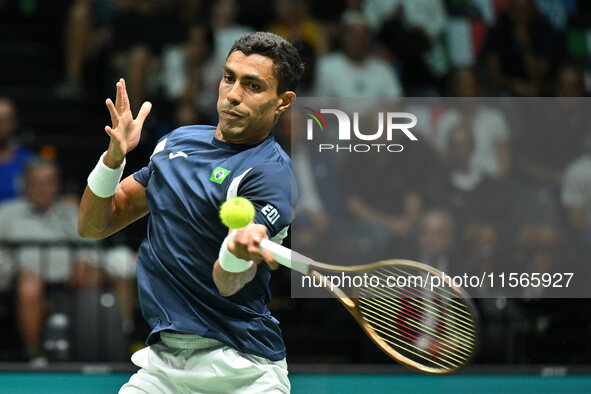 Thiago Monteiro (BRA) competes during the 2024 Davis Cup Finals Group Stage match between Italy and Brazil at Unipol Arena in Bologna, Italy...