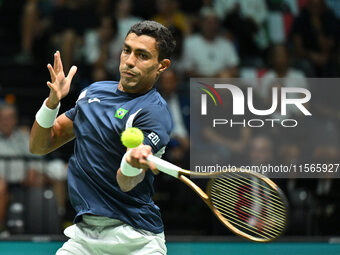 Thiago Monteiro (BRA) competes during the 2024 Davis Cup Finals Group Stage match between Italy and Brazil at Unipol Arena in Bologna, Italy...