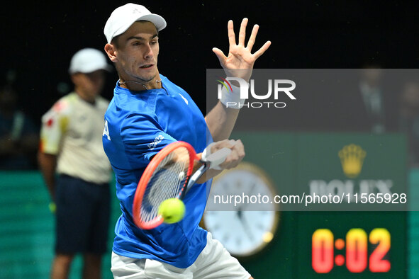 Matteo Arnaldi (ITA) competes during the 2024 Davis Cup Finals Group Stage match between Italy and Brazil at Unipol Arena in Bologna, Italy,...