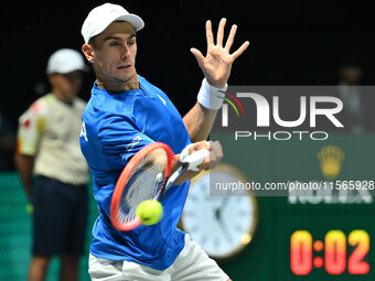 Matteo Arnaldi (ITA) competes during the 2024 Davis Cup Finals Group Stage match between Italy and Brazil at Unipol Arena in Bologna, Italy,...