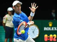 Matteo Arnaldi (ITA) competes during the 2024 Davis Cup Finals Group Stage match between Italy and Brazil at Unipol Arena in Bologna, Italy,...