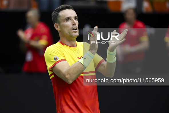 Roberto Bautista celebrates victory against Jiri Lehecka during the first match between the Czech Republic and Spain in the Davis Cup match...