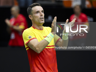 Roberto Bautista celebrates victory against Jiri Lehecka during the first match between the Czech Republic and Spain in the Davis Cup match...