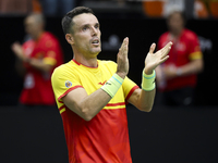 Roberto Bautista celebrates victory against Jiri Lehecka during the first match between the Czech Republic and Spain in the Davis Cup match...