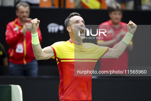 Roberto Bautista celebrates victory against Jiri Lehecka during the first match between the Czech Republic and Spain in the Davis Cup match...