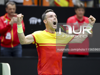 Roberto Bautista celebrates victory against Jiri Lehecka during the first match between the Czech Republic and Spain in the Davis Cup match...