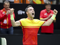 Roberto Bautista celebrates victory against Jiri Lehecka during the first match between the Czech Republic and Spain in the Davis Cup match...