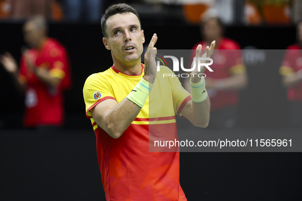 Roberto Bautista celebrates victory against Jiri Lehecka during the first match between the Czech Republic and Spain in the Davis Cup match...