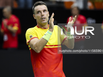 Roberto Bautista celebrates victory against Jiri Lehecka during the first match between the Czech Republic and Spain in the Davis Cup match...