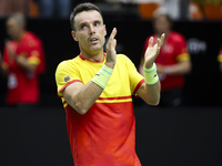 Roberto Bautista celebrates victory against Jiri Lehecka during the first match between the Czech Republic and Spain in the Davis Cup match...