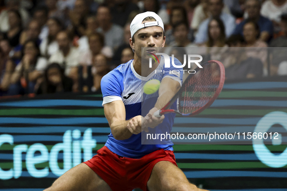 Tomas Machac participates in the Davis Cup match between Czechia and Spain in Valencia, Spain, on September 11, 2023. 