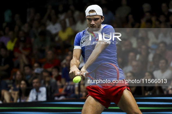 Tomas Machac participates in the Davis Cup match between Czechia and Spain in Valencia, Spain, on September 11, 2023. 