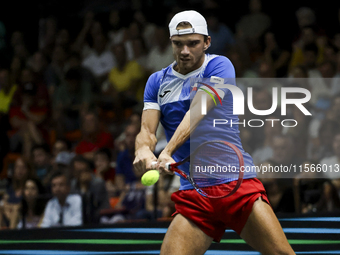 Tomas Machac participates in the Davis Cup match between Czechia and Spain in Valencia, Spain, on September 11, 2023. (