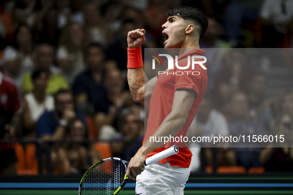 Carlos Alcaraz participates in the Davis Cup match between Czechia and Spain in Valencia, Spain, on September 11, 2023. 