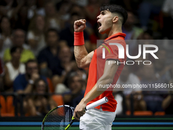 Carlos Alcaraz participates in the Davis Cup match between Czechia and Spain in Valencia, Spain, on September 11, 2023. (