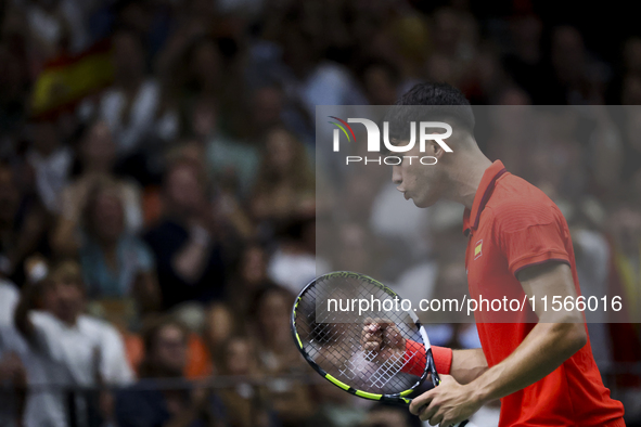 Carlos Alcaraz participates in the Davis Cup match between Czechia and Spain in Valencia, Spain, on September 11, 2023. 