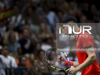 Carlos Alcaraz participates in the Davis Cup match between Czechia and Spain in Valencia, Spain, on September 11, 2023. (