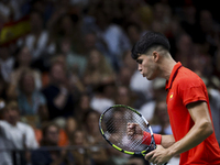 Carlos Alcaraz participates in the Davis Cup match between Czechia and Spain in Valencia, Spain, on September 11, 2023. (