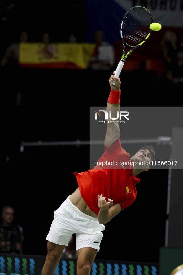 Carlos Alcaraz participates in the Davis Cup match between Czechia and Spain in Valencia, Spain, on September 11, 2023. 