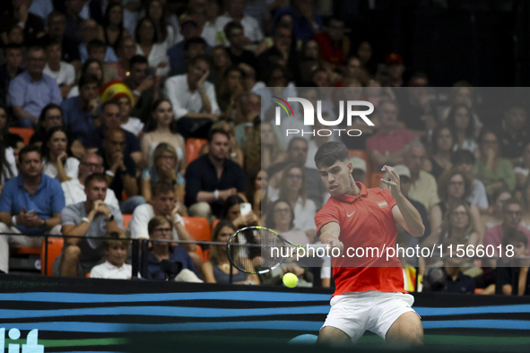 Carlos Alcaraz participates in the Davis Cup match between Czechia and Spain in Valencia, Spain, on September 11, 2023. 