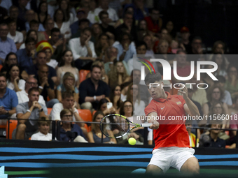 Carlos Alcaraz participates in the Davis Cup match between Czechia and Spain in Valencia, Spain, on September 11, 2023. (