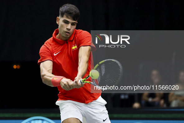 Carlos Alcaraz participates in the Davis Cup match between Czechia and Spain in Valencia, Spain, on September 11, 2023. 