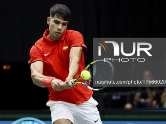 Carlos Alcaraz participates in the Davis Cup match between Czechia and Spain in Valencia, Spain, on September 11, 2023. (