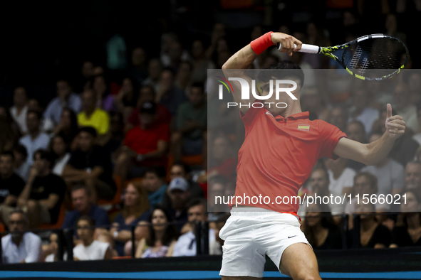 Carlos Alcaraz participates in the Davis Cup match between Czechia and Spain in Valencia, Spain, on September 11, 2023. 