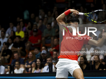 Carlos Alcaraz participates in the Davis Cup match between Czechia and Spain in Valencia, Spain, on September 11, 2023. (