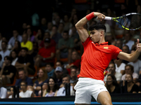 Carlos Alcaraz participates in the Davis Cup match between Czechia and Spain in Valencia, Spain, on September 11, 2023. (