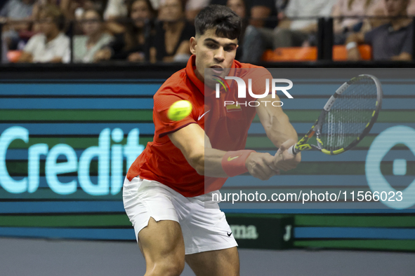 Carlos Alcaraz participates in the Davis Cup match between Czechia and Spain in Valencia, Spain, on September 11, 2023. 