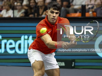 Carlos Alcaraz participates in the Davis Cup match between Czechia and Spain in Valencia, Spain, on September 11, 2023. (