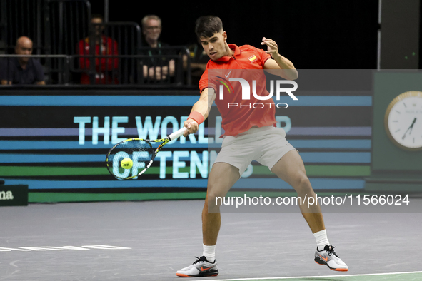 Carlos Alcaraz participates in the Davis Cup match between Czechia and Spain in Valencia, Spain, on September 11, 2023. 