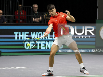 Carlos Alcaraz participates in the Davis Cup match between Czechia and Spain in Valencia, Spain, on September 11, 2023. (