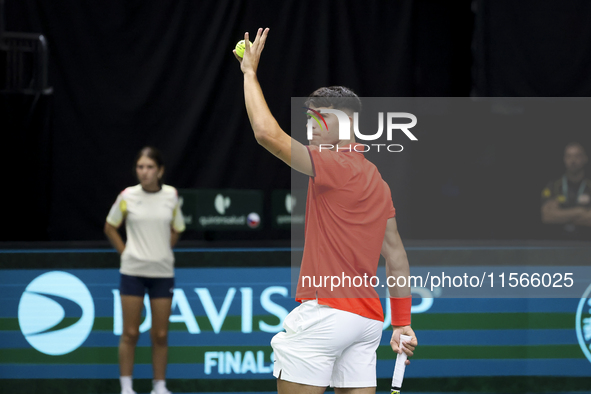 Carlos Alcaraz participates in the Davis Cup match between Czechia and Spain in Valencia, Spain, on September 11, 2023. 