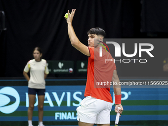 Carlos Alcaraz participates in the Davis Cup match between Czechia and Spain in Valencia, Spain, on September 11, 2023. (