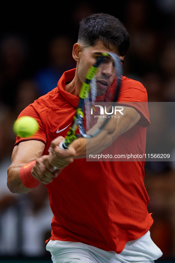 Carlos Alcaraz of Spain competes against Tomas Machac of Czechia during the 2024 Davis Cup Group B Stage match between Czechia and Spain at...