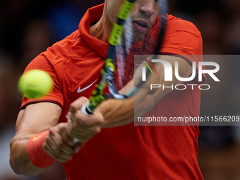 Carlos Alcaraz of Spain competes against Tomas Machac of Czechia during the 2024 Davis Cup Group B Stage match between Czechia and Spain at...