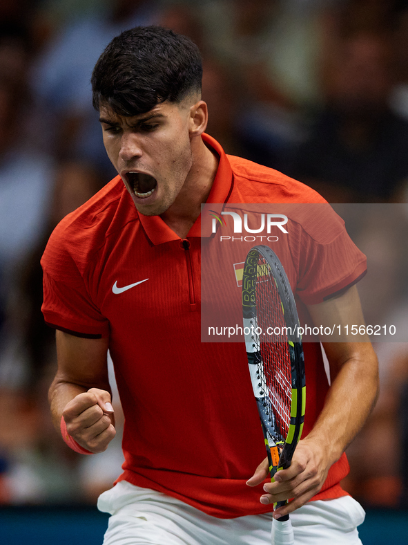 Carlos Alcaraz of Spain celebrates a point against Tomas Machac of Czechia during the 2024 Davis Cup Group B Stage match between Czechia and...